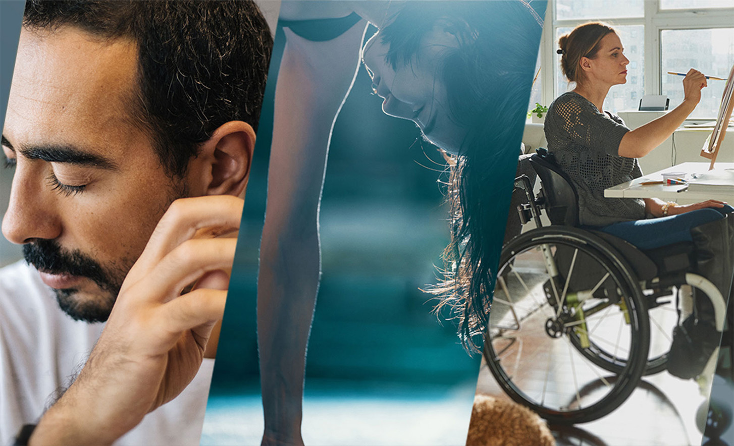 Három egybefüggő kép, amelyeken egy csukott szemű ember, egy kézállásban lévő személy és egy vászonra festő kerekesszékes ember látható.