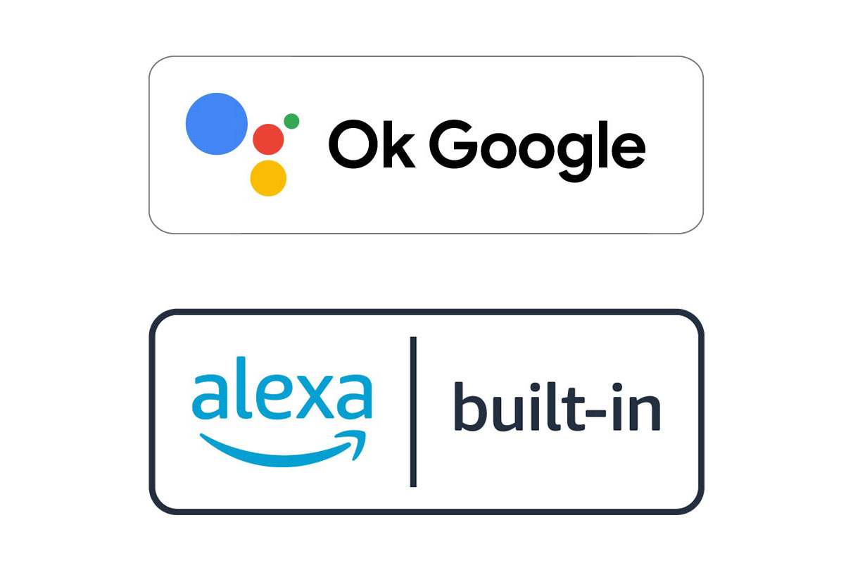 Kép: egy „OK Google” logó és egy „Alexa” beépített logó