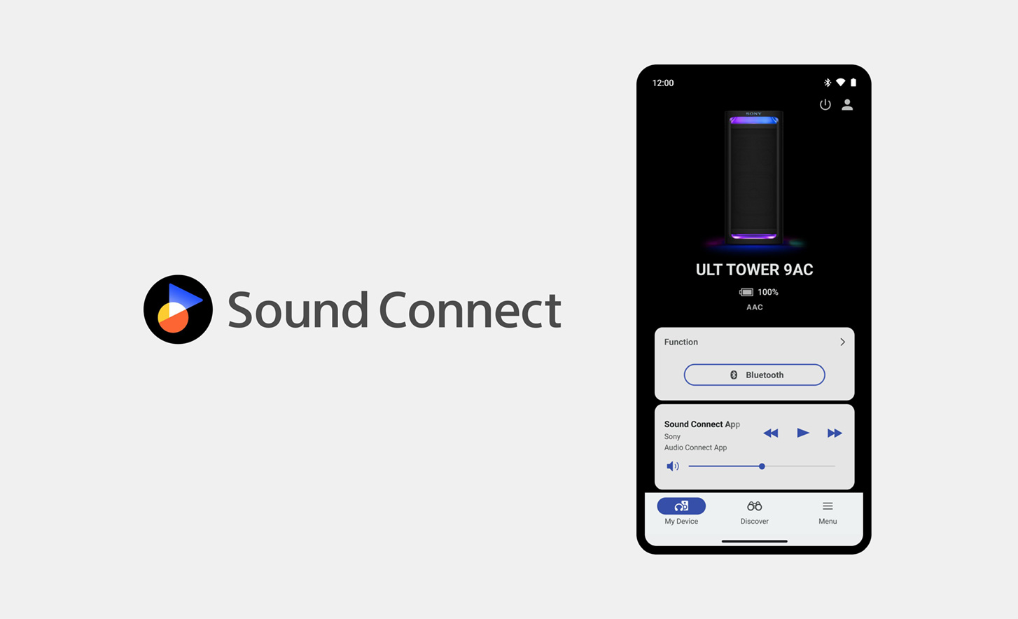 A Sound Connect logó egy mobiltelefon képe mellett, amelynek a képernyőjén a Sony Connect alkalmazás meg van nyitva és használatban van
