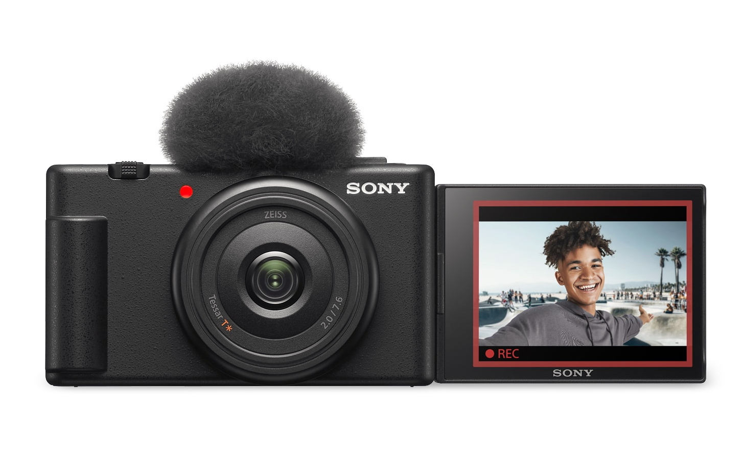 A ZV-1F képe, hozzá csatlakoztatott szélfogóval, nyitott kijelzővel